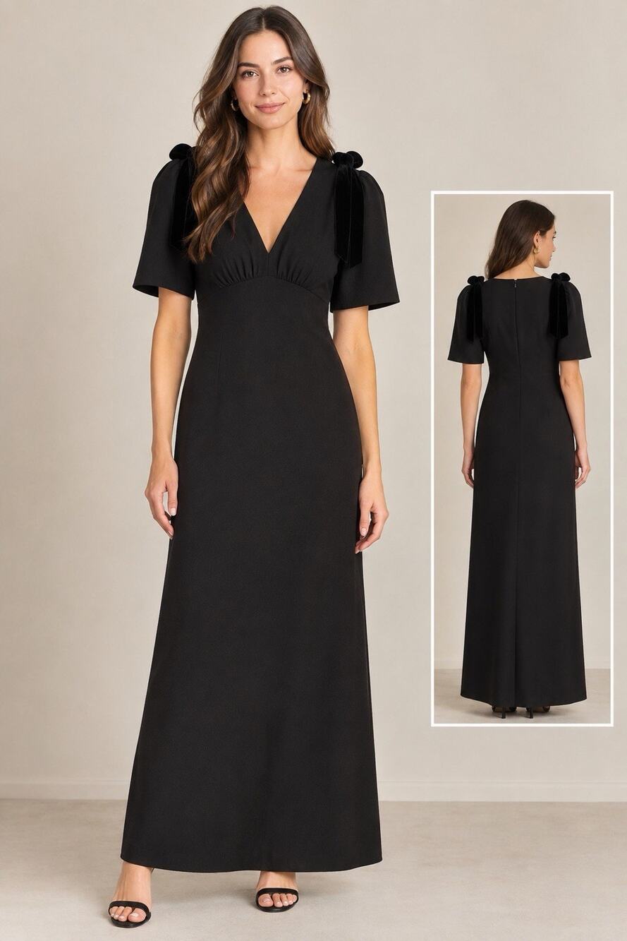 ASTR The Label Black Maxi Dress XL Velvet Shoulder Bow V-Neck New w/Tags